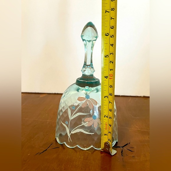 Fenton Diamond Quilted Light Blue Glass Hand Painted/Signed M. WagnerFloral Bell - Picture 7 of 7